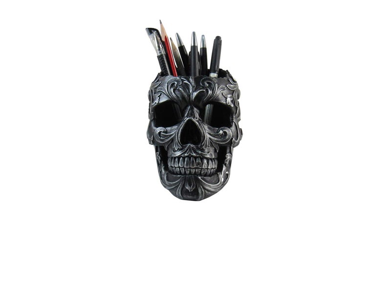 DWK Skull Victorian Gothic Decorative Pen Holder | Goth Office Supplies and Black Desk Organizers and Accessories | Gothic Halloween Desk Decorations - 5" - Image 1